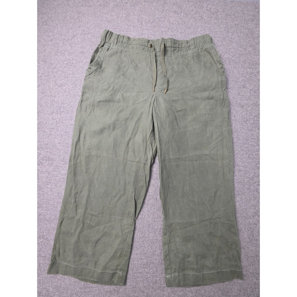 L.L. Bean Linen Capri Pants Womens 10 Green Favorite Fit Wide Leg Drawstring
